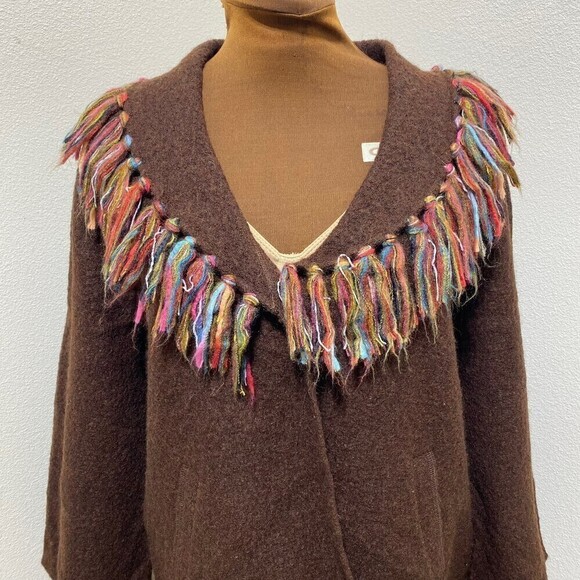Lark Lane 100% Wool Fringe Brown Shawl/ Cardigan Size Large - Picture 2 of 12